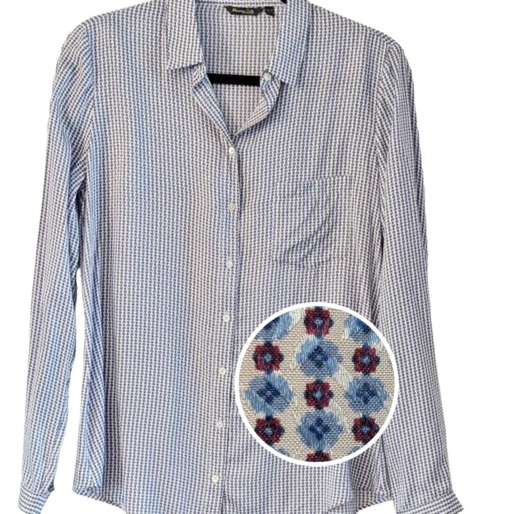 Massimo Dutti Silk Blend Blouse US 8 Blue Geometric Button Down Portugal